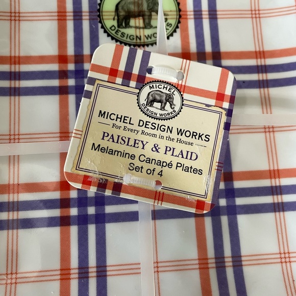 NEW MICHEL DESIGN WORKS PAISLEY & PLAID Set/4 Melamine Canapé Plates - Picture 2 of 5